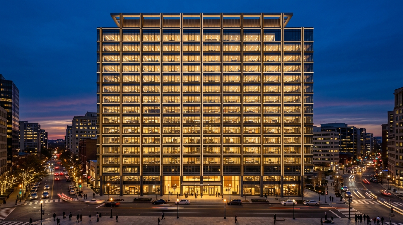 Tall gridded curtain-wall tower lit at dusk above a busy intersection