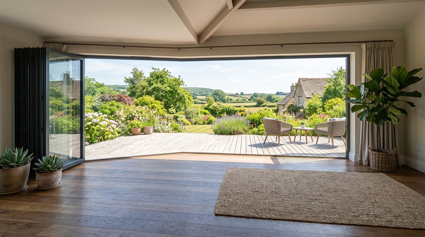 Wide folding run stacked to one side of a room, opening onto a timber deck and a countryside garden