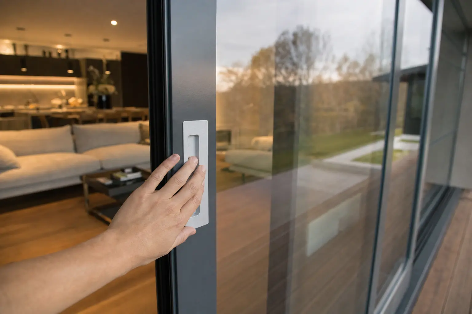 A hand pulling a sliding glass door open by its recessed flush handle, with a lit living room beyond