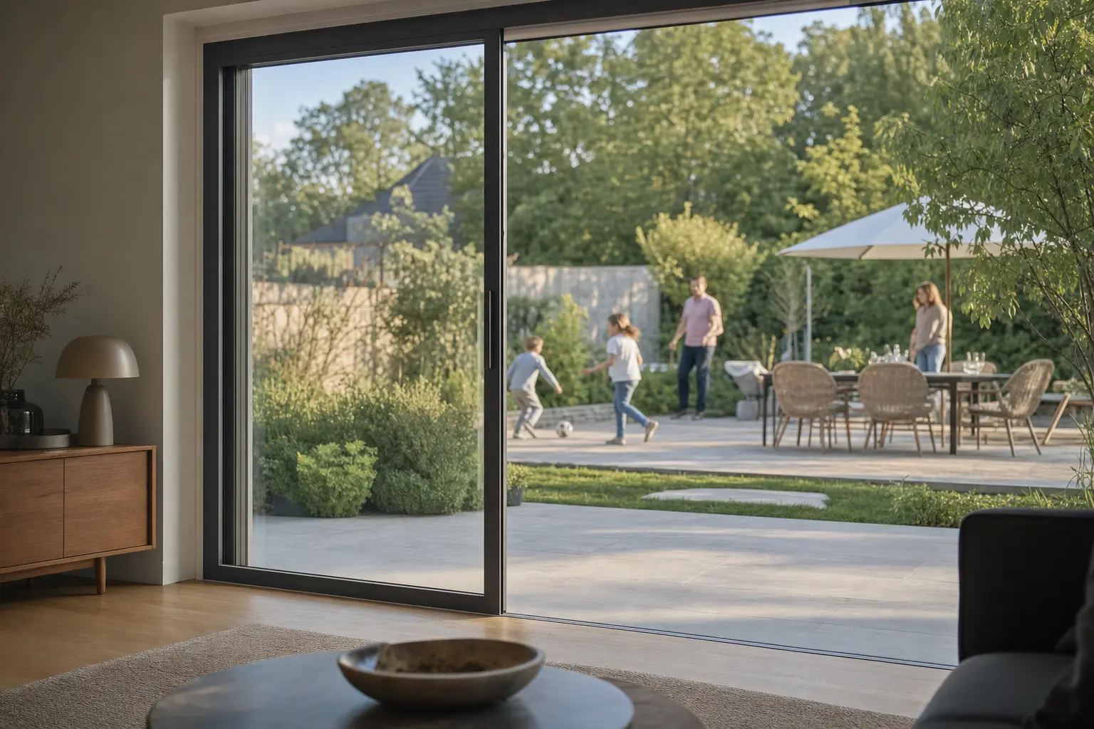 Wide sliding door opening from a living room onto a patio where a family is eating outdoors