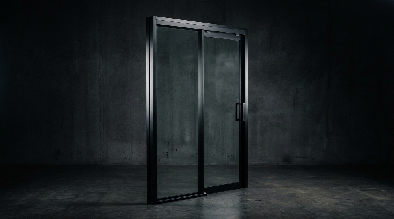 Framed glass partition with an integrated sliding door leaf, photographed against a dark concrete wall
