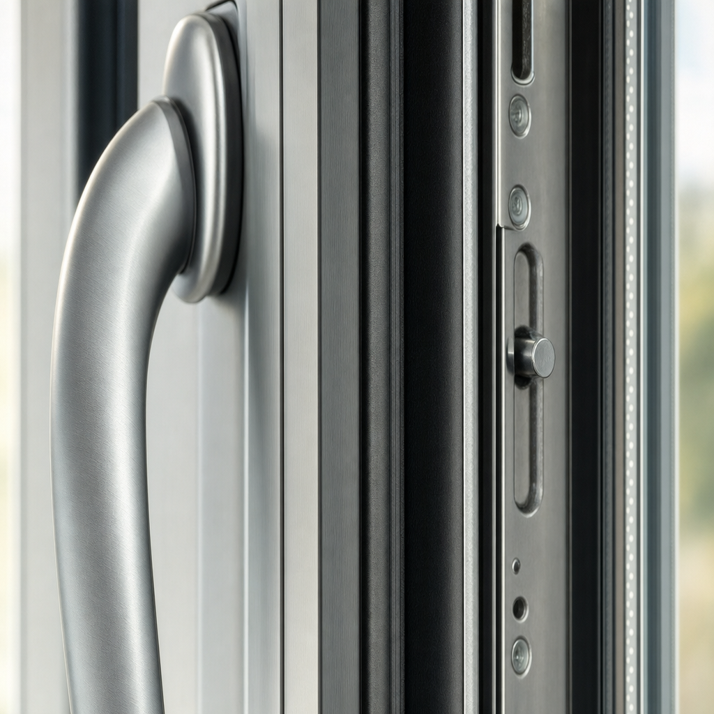 Close-up of a window handle, gasket line and multi-point locking hardware along the frame edge
