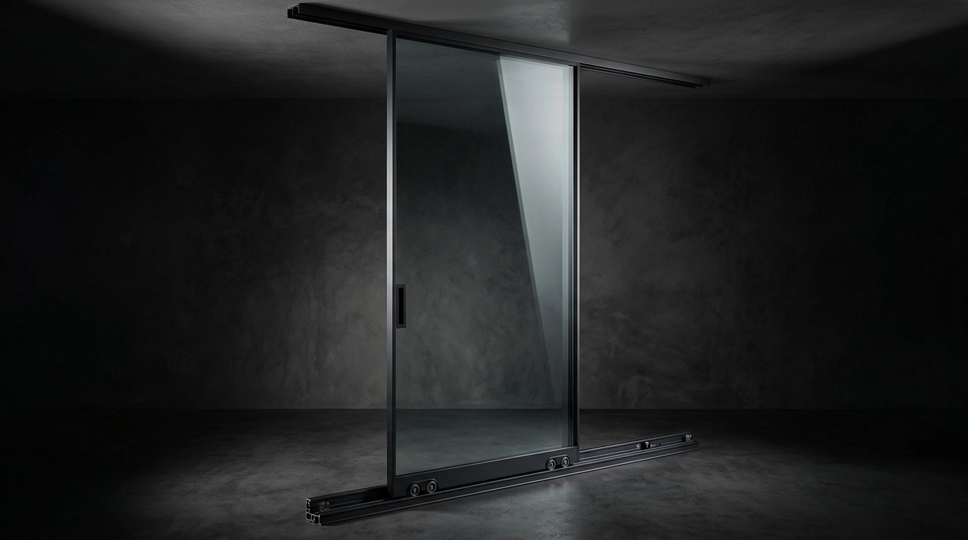 Sliding glass leaf and track assembly lit from one side against a dark concrete studio wall