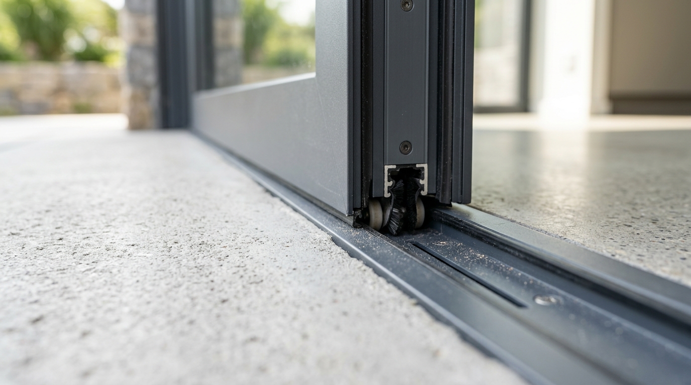 Close-up of a sliding leaf bottom rail, showing the roller sitting in the recessed floor track flush with the paving outside