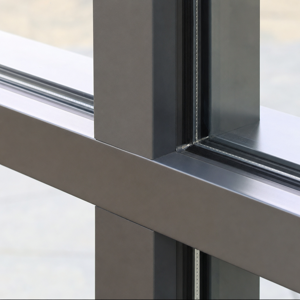 Close-up of a curtain-wall mullion and transom intersection, showing the pressure plate, cap and glazing gasket