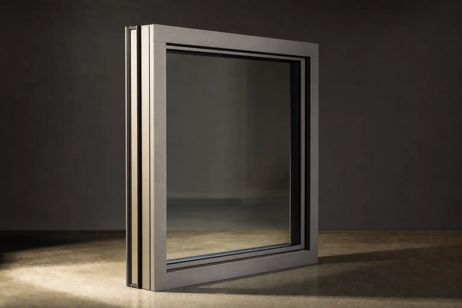 Aluminium window unit standing in a studio, showing the frame section and glazing depth in profile