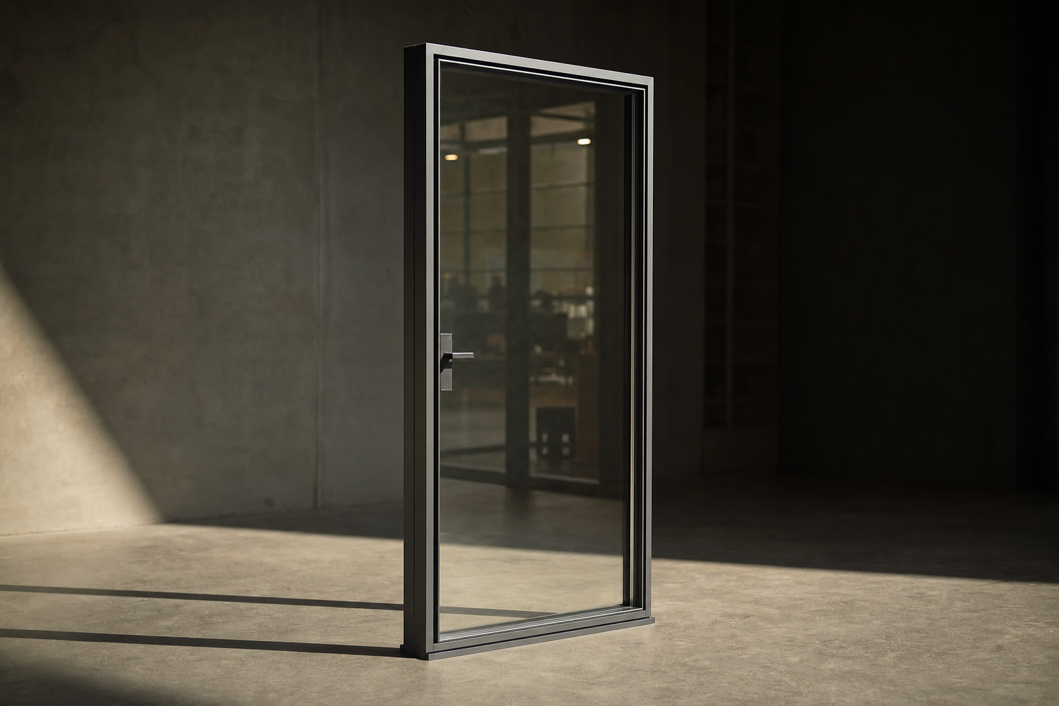 Framed glass door leaf standing open on a concrete floor, lit from the side in a dark studio