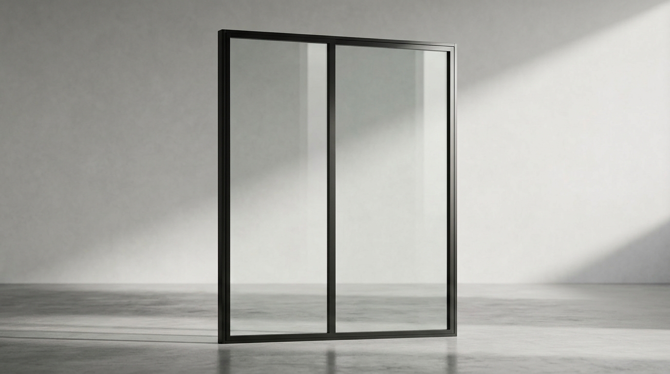 Twin-pane framed glass partition module in daylight, showing the slim black profile and structural glazing