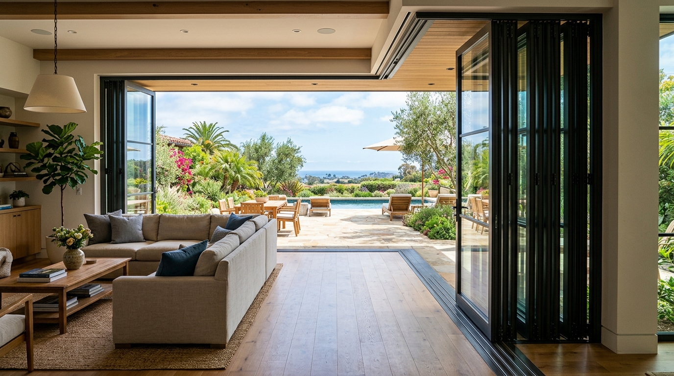 Folding glass wall stacked open beside a sitting room, the opening framing a pool terrace and sea view