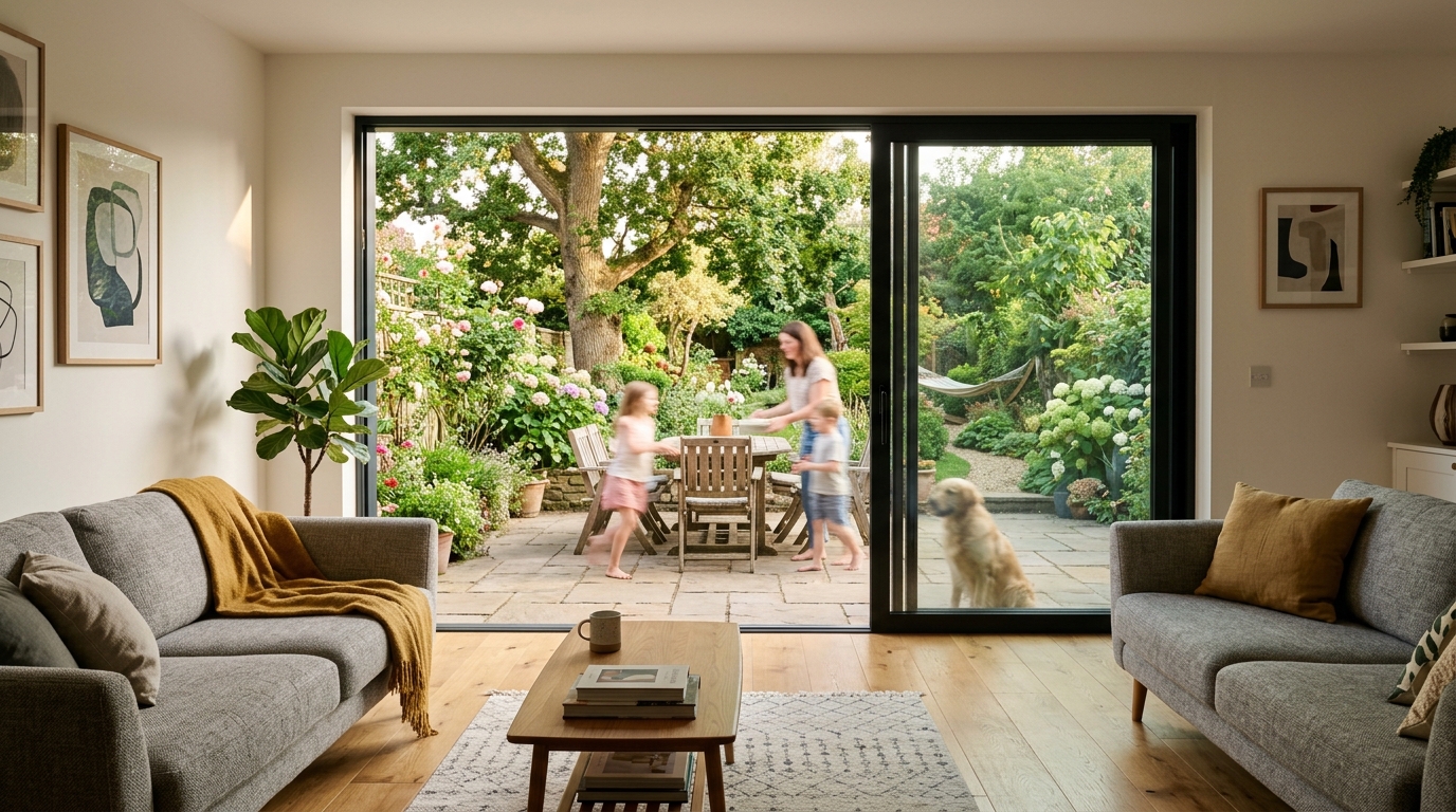 Sliding door slid open from a living room onto a garden terrace where a family is sitting around a table