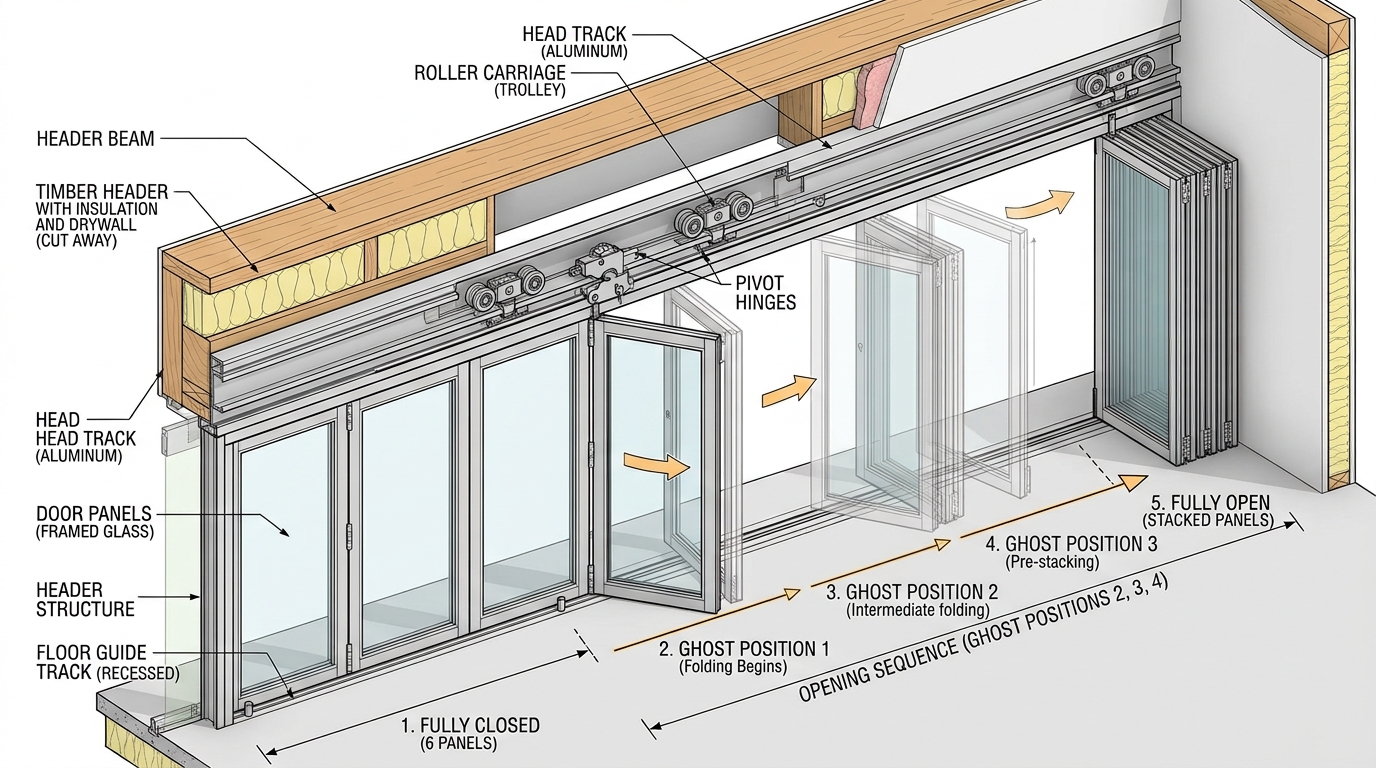 Technical illustration: annotated isometric of a six-leaf folding run showing the head track, roller carriages, pivot hinges, recessed floor guide and the five stages of the opening sequence