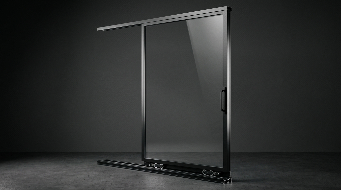 Single sliding glass leaf on its head and floor track, photographed in a studio to show the slim frame section and running gear
