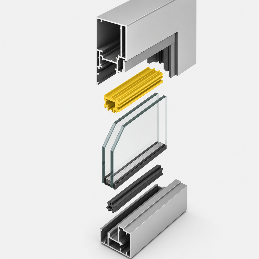 Technical render: exploded view of a window profile assembly with thermal break, insulated glazing unit and gaskets separated