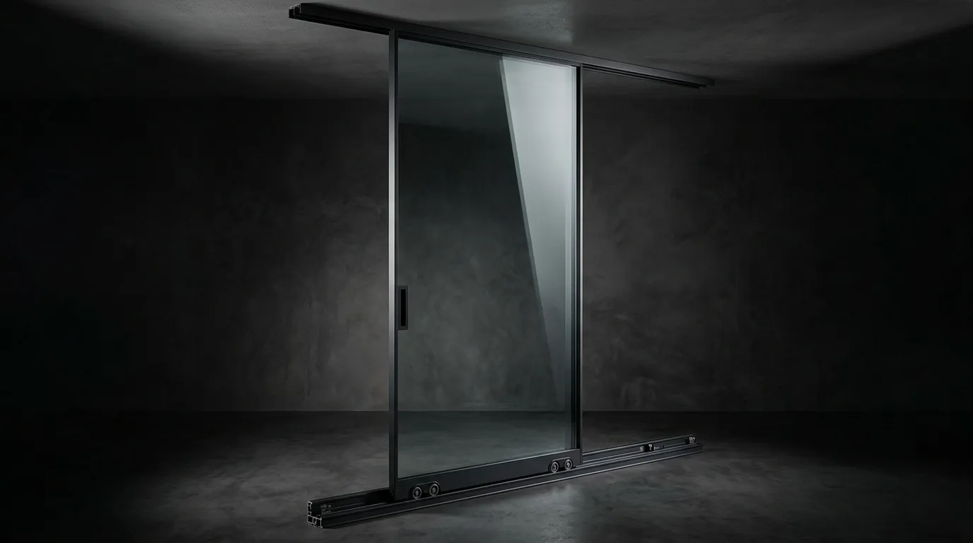 Sliding glass leaf and track assembly lit from one side against a dark concrete studio wall