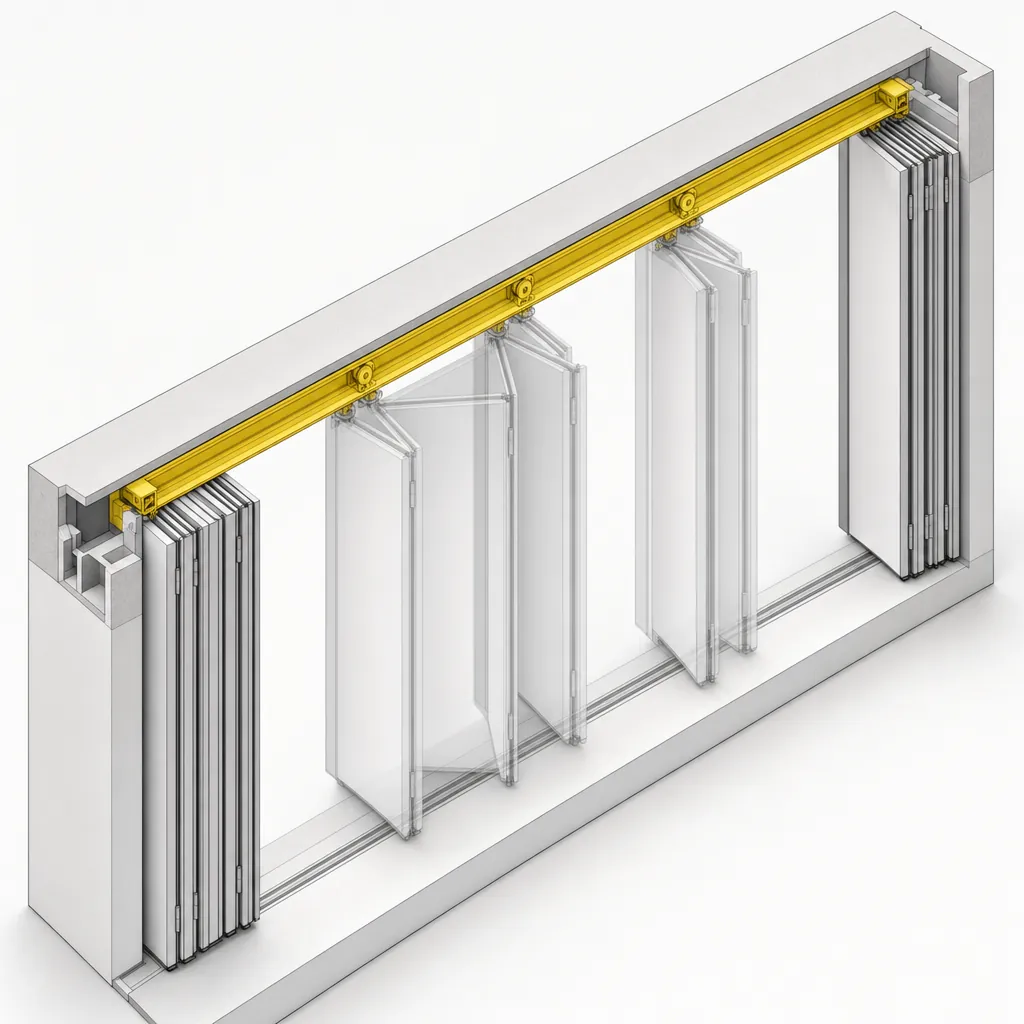Technical render: cutaway of a folding-door head track showing the carriage positions and how leaves stack to either side