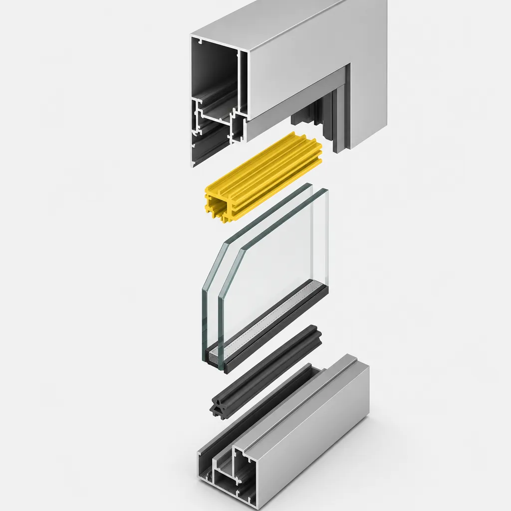 Technical render: exploded view of a window profile assembly with thermal break, insulated glazing unit and gaskets separated