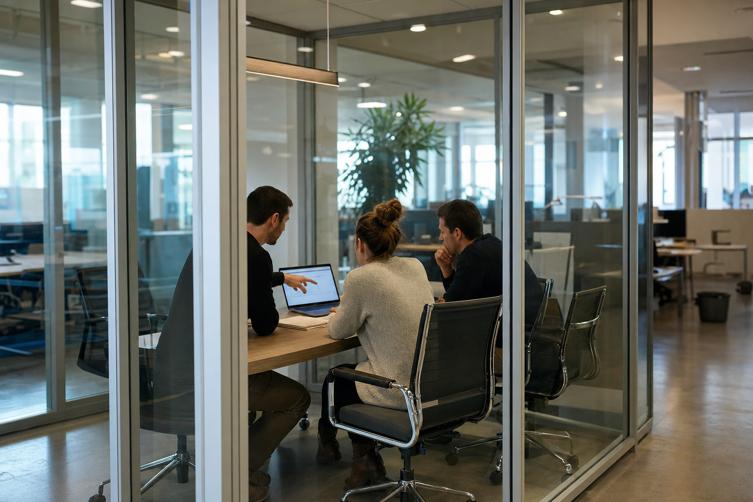 Three people working around a laptop inside a glazed meeting room, seen from the open-plan floor outside