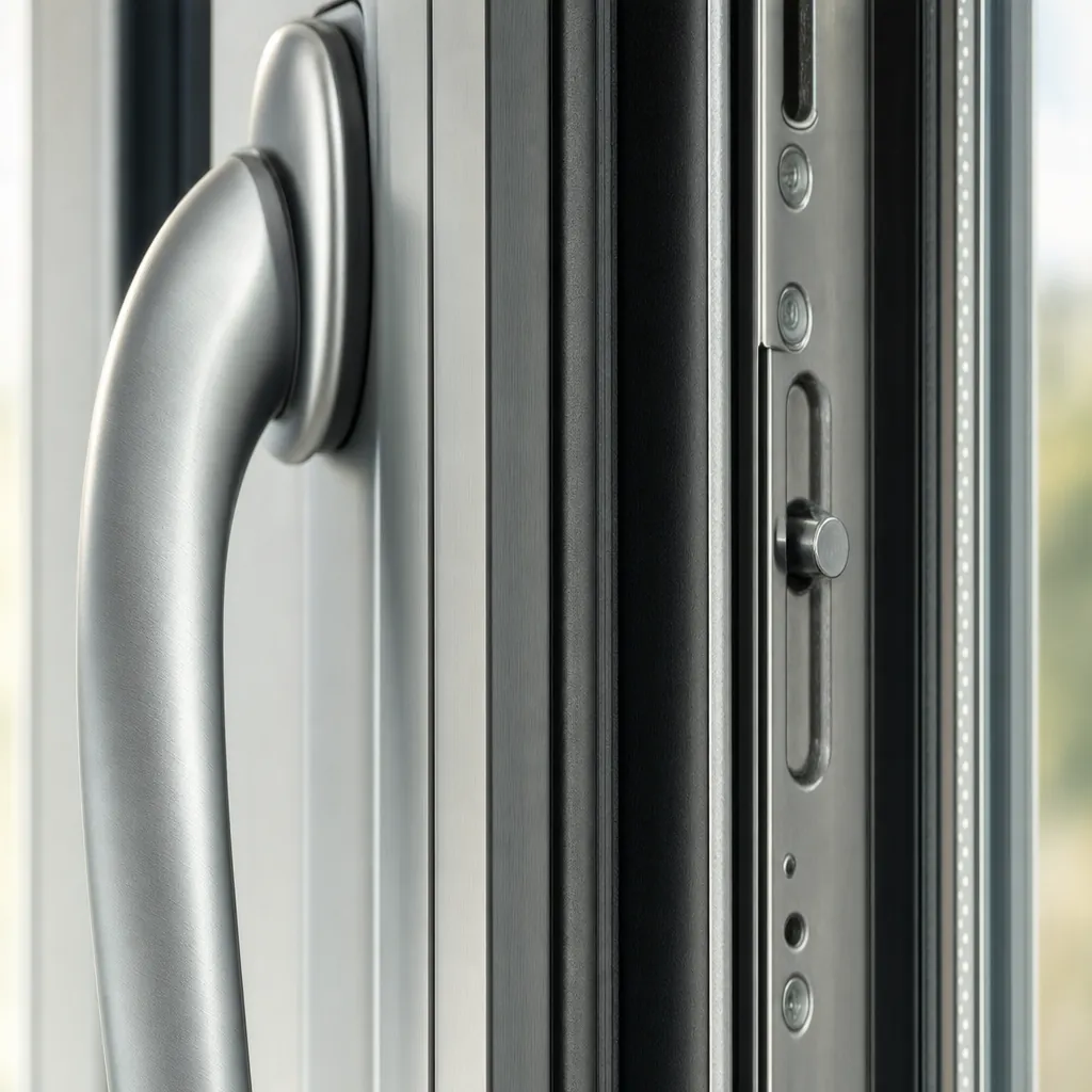 Close-up of a window handle, gasket line and multi-point locking hardware along the frame edge
