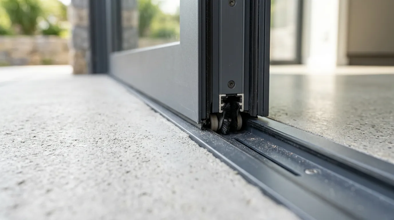 Close-up of a sliding leaf bottom rail, showing the roller sitting in the recessed floor track flush with the paving outside