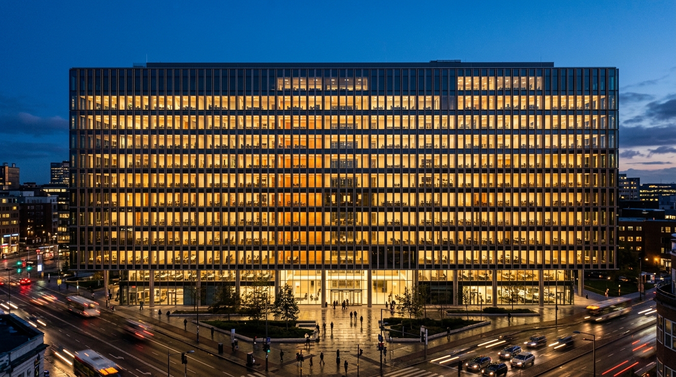 Wide curtain-wall office elevation lit from inside at dusk, seen across a city square