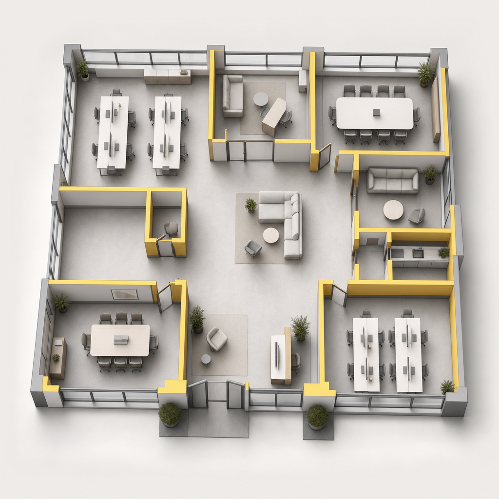 Technical illustration: isometric cutaway of an office floor with the glass partition runs picked out in yellow, showing meeting rooms, booths and open-plan desking