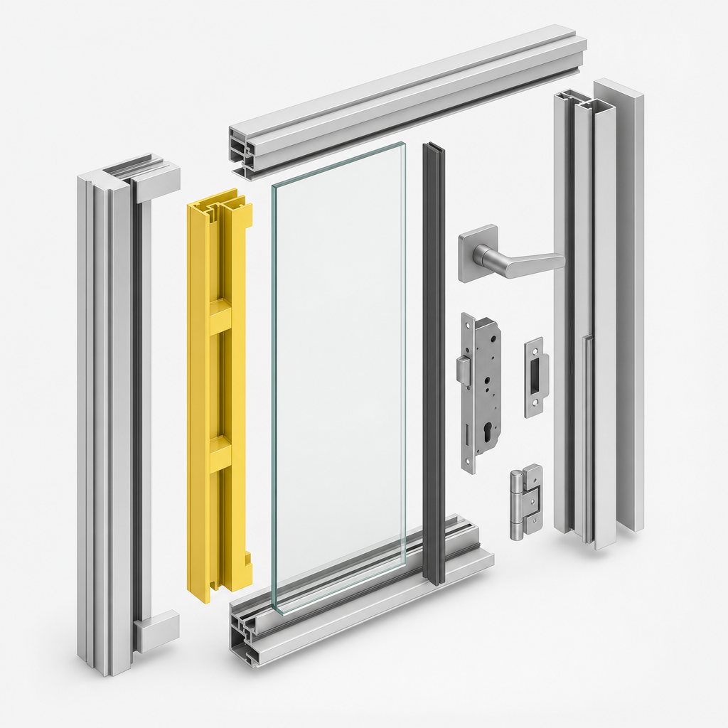 Technical illustration: exploded view of a framed glass door leaf with head and threshold profiles, glazing gaskets, mortice lock, hinge and lever handle