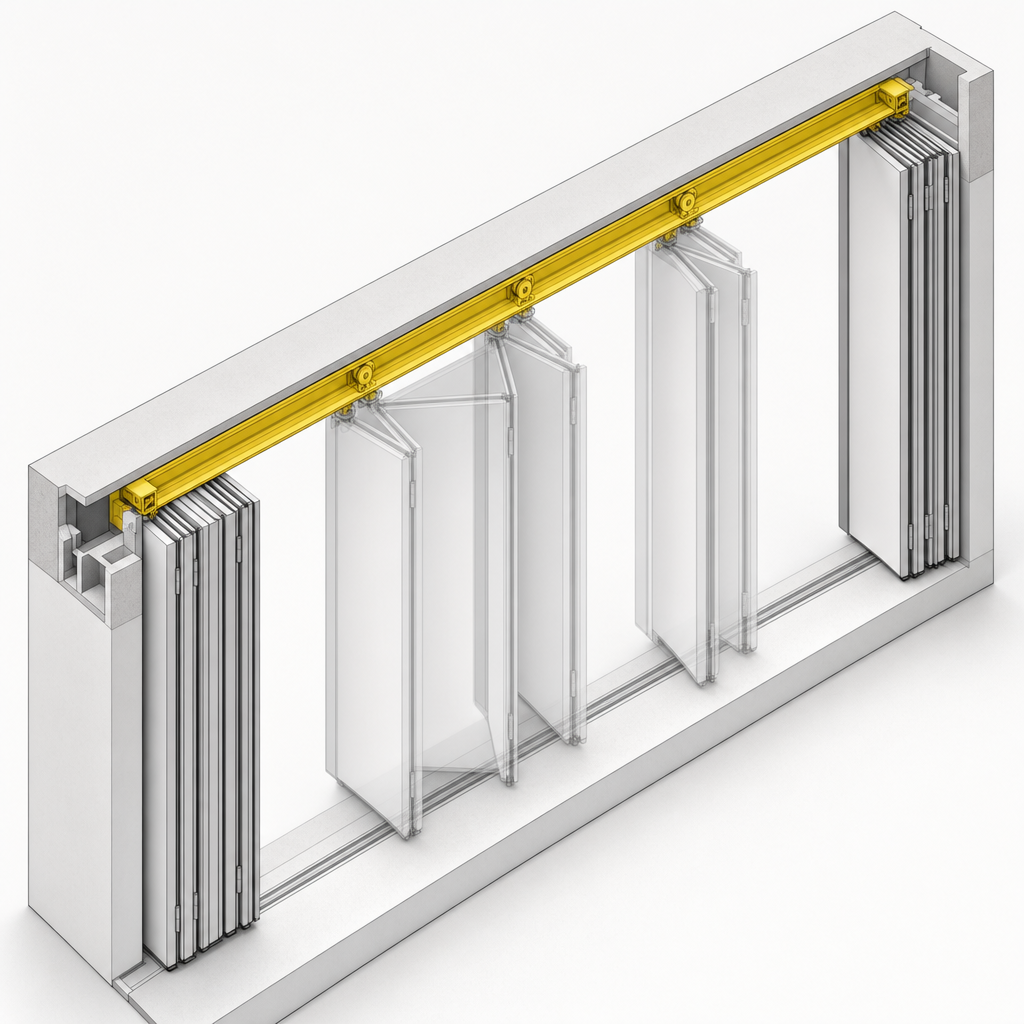 Technical render: cutaway of a folding-door head track showing the carriage positions and how leaves stack to either side