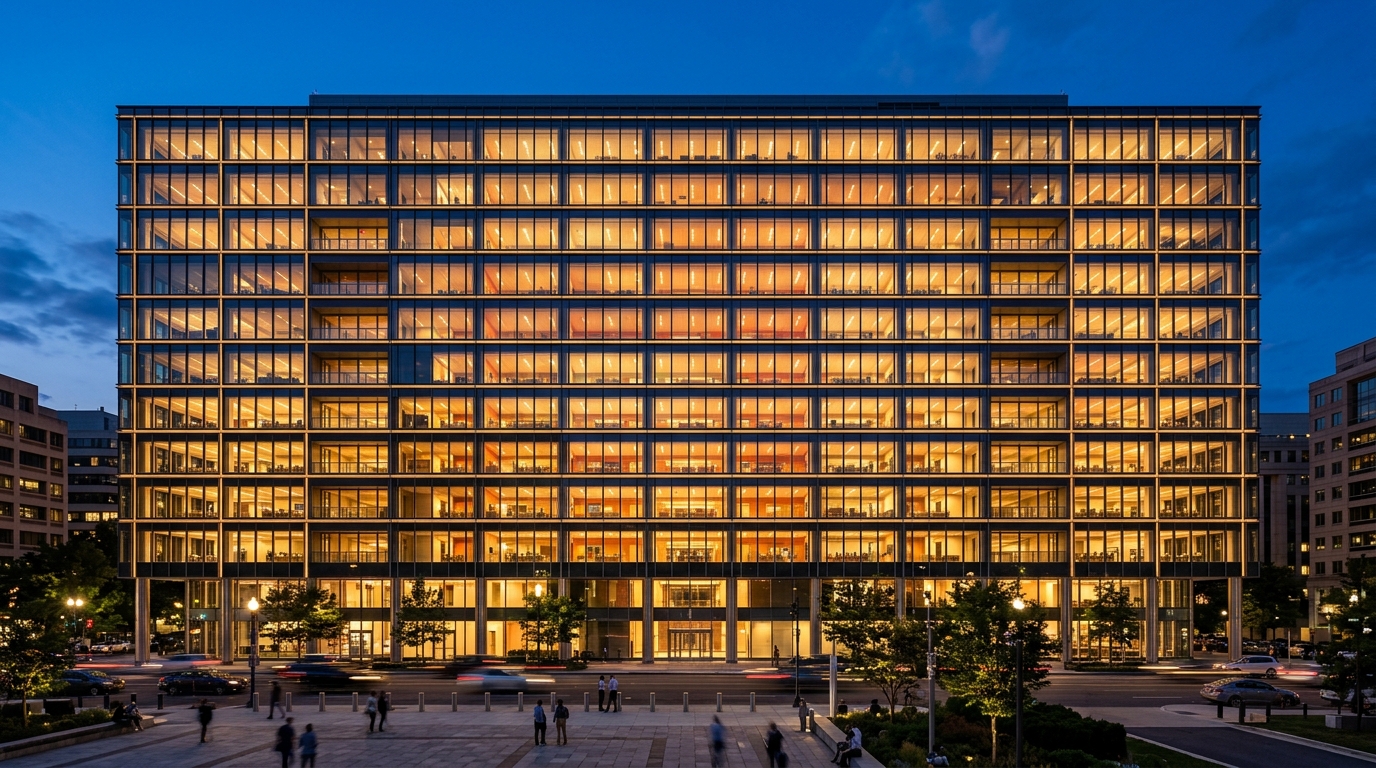 Curtain-wall civic building elevation lit from inside at dusk