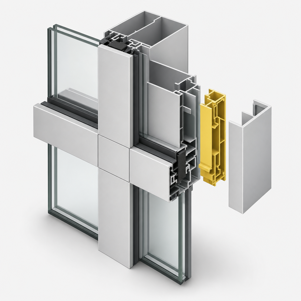 Technical illustration: isometric cutaway of a curtain-wall bay showing the mullion and transom intersection, insulated glazing units, gaskets, pressure plate and snap-on cap
