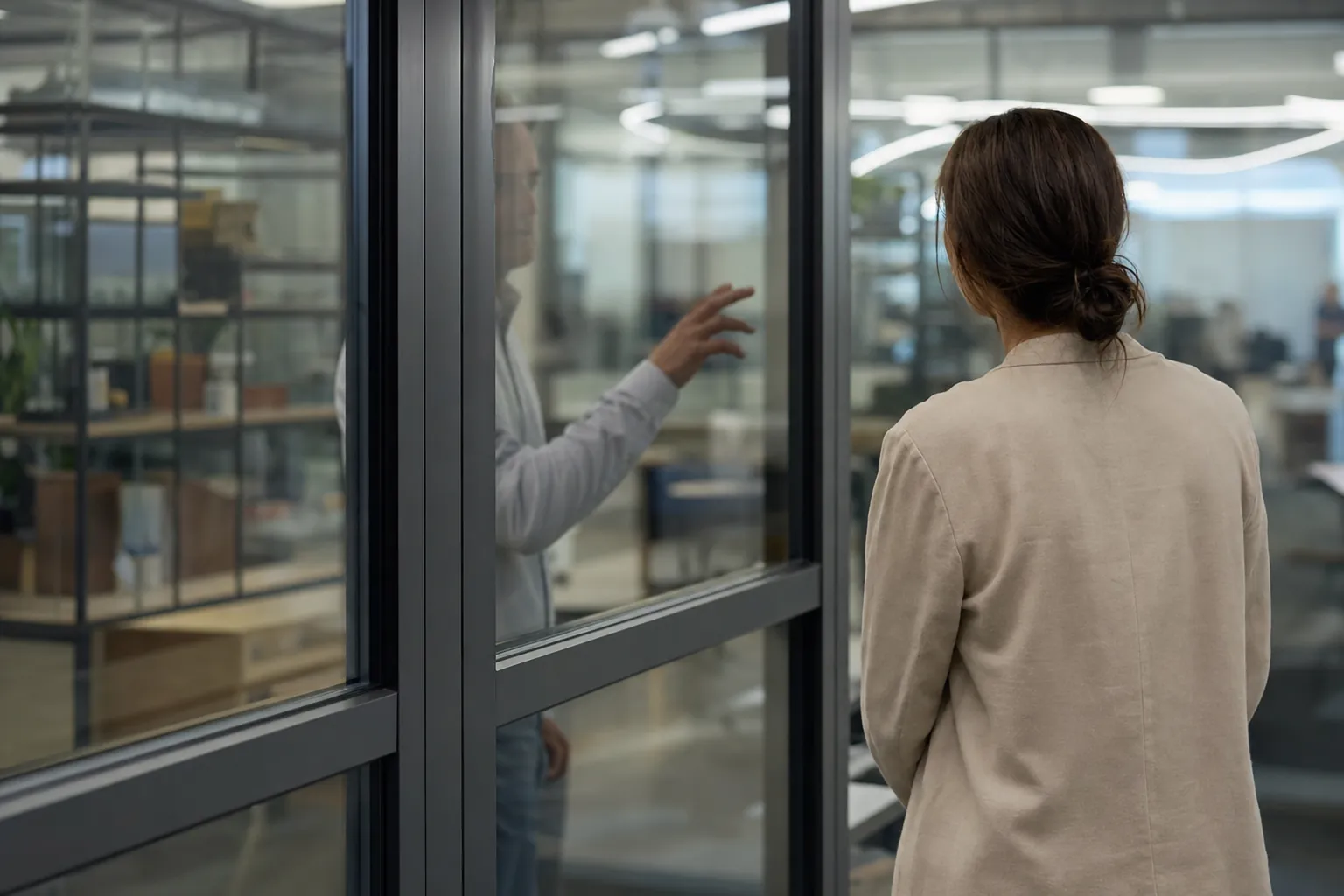 Dark-framed glazed partition wall separating a corridor from an office space