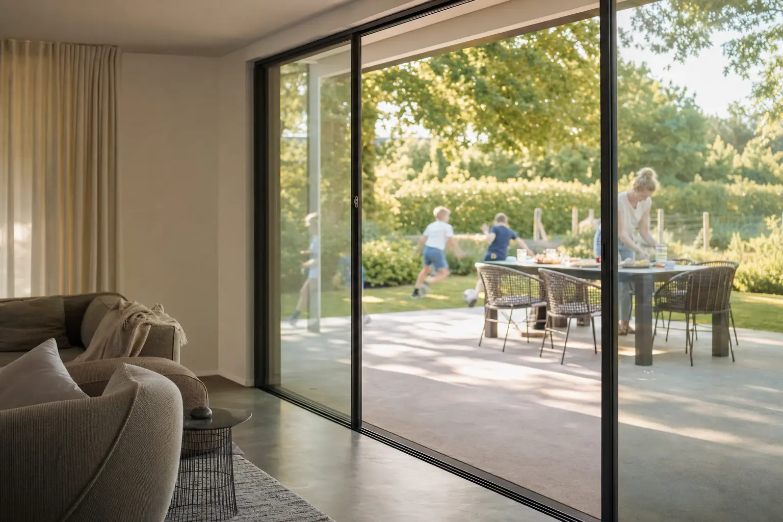 Sliding glass door run seen from a living room, one leaf slid open onto a sunlit garden terrace
