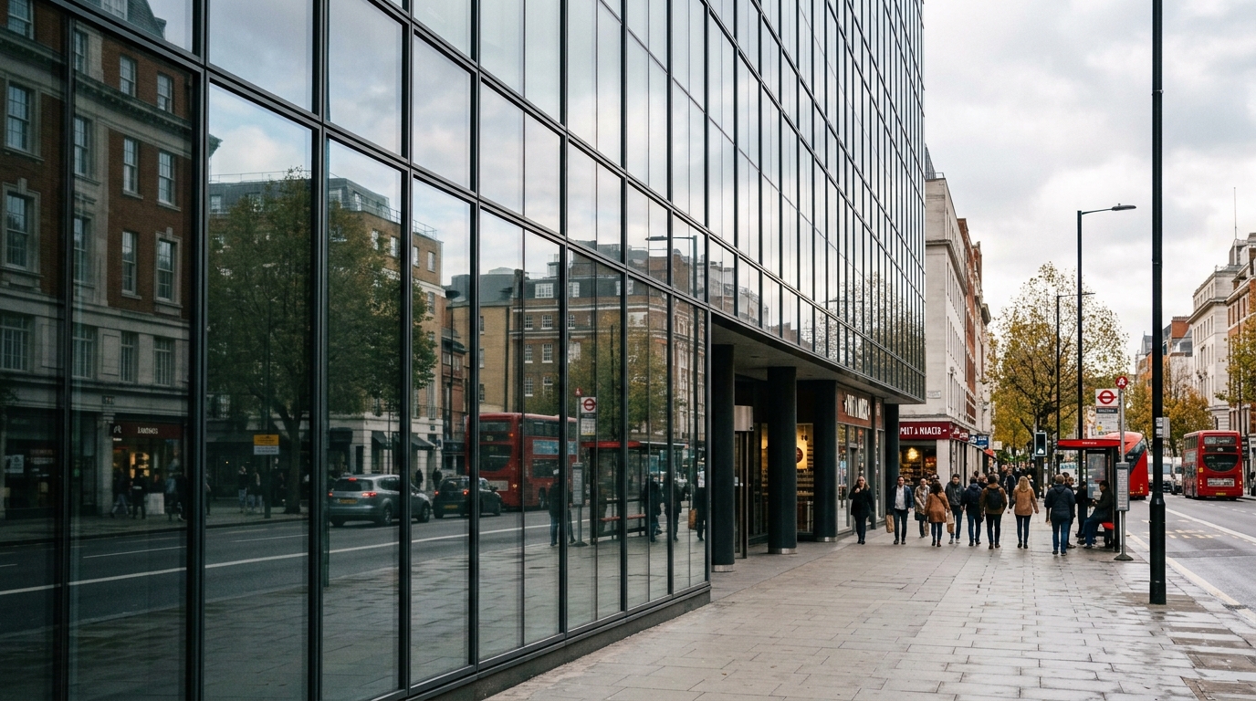 Street-level view along a full-height curtain-wall facade reflecting the buildings opposite