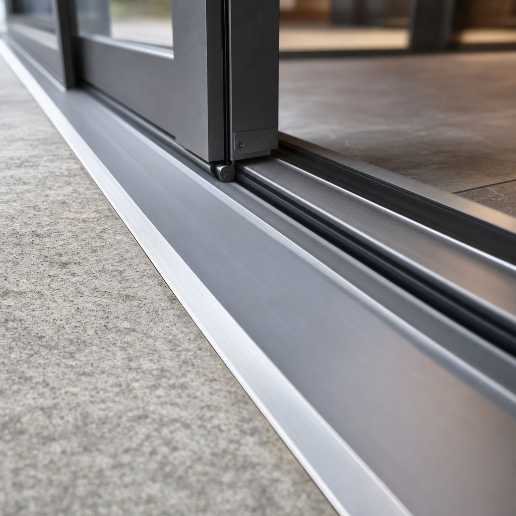 Close-up of a sliding door threshold, showing the running track, the leaf bottom rail and the level transition to the paving outside
