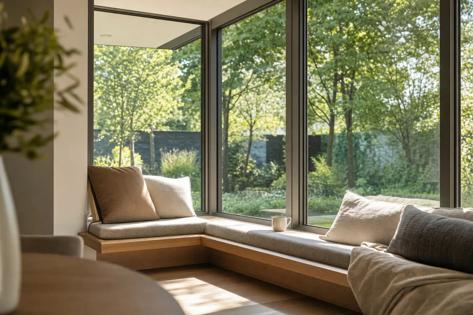 Corner window run above a built-in window seat, looking out onto a garden