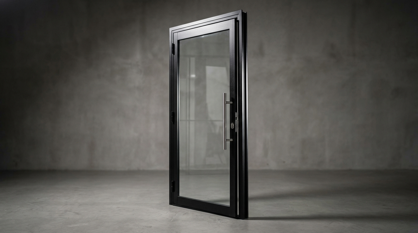 Framed glass door leaf standing open, showing the hinge side, lock and stainless pull handle