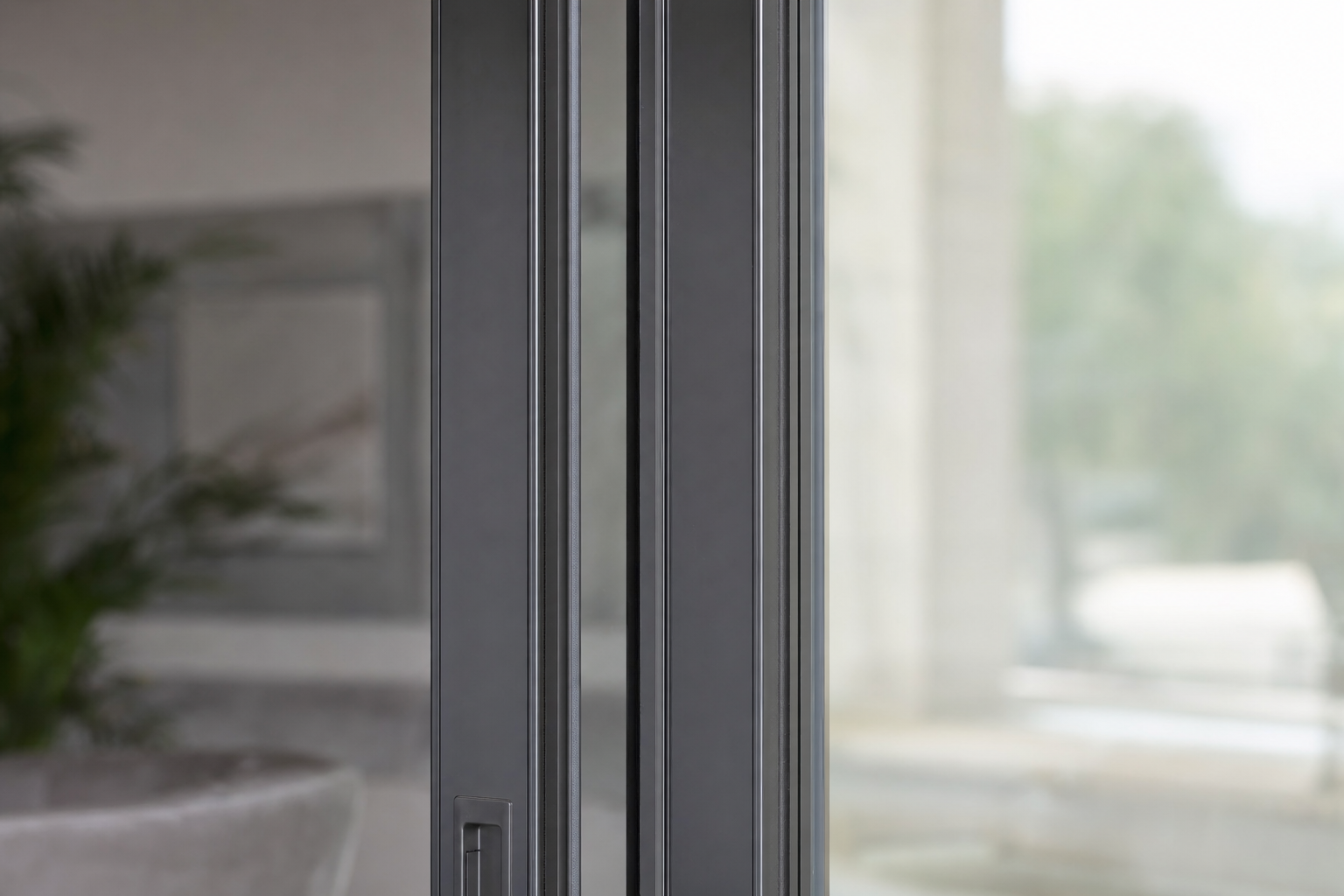 Close-up of the meeting stile between two sliding leaves, showing the slim frame section and the recessed flush handle