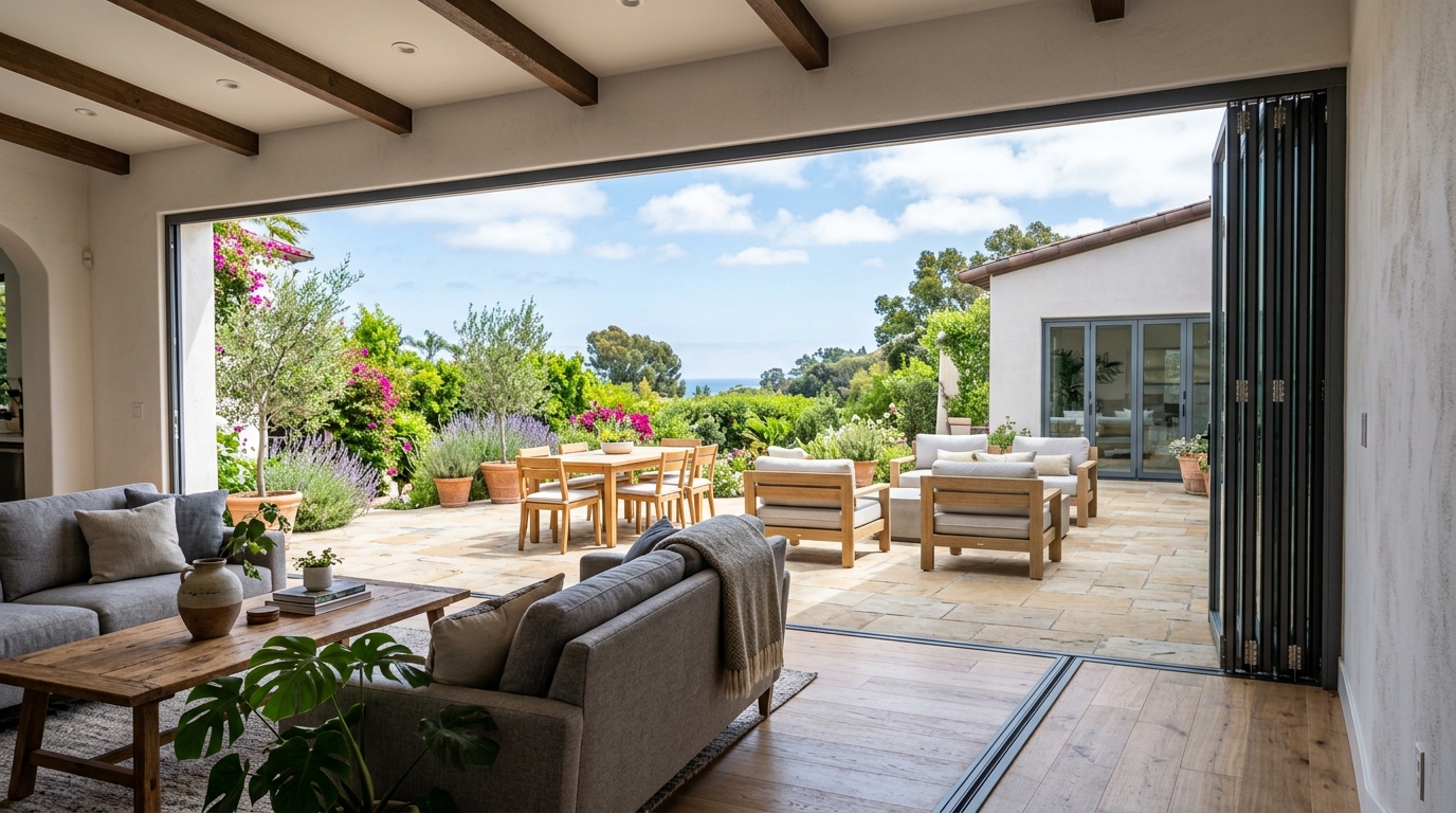 Living room with the folding run stacked to the right, opening the full width onto a paved patio with outdoor seating and a dining table