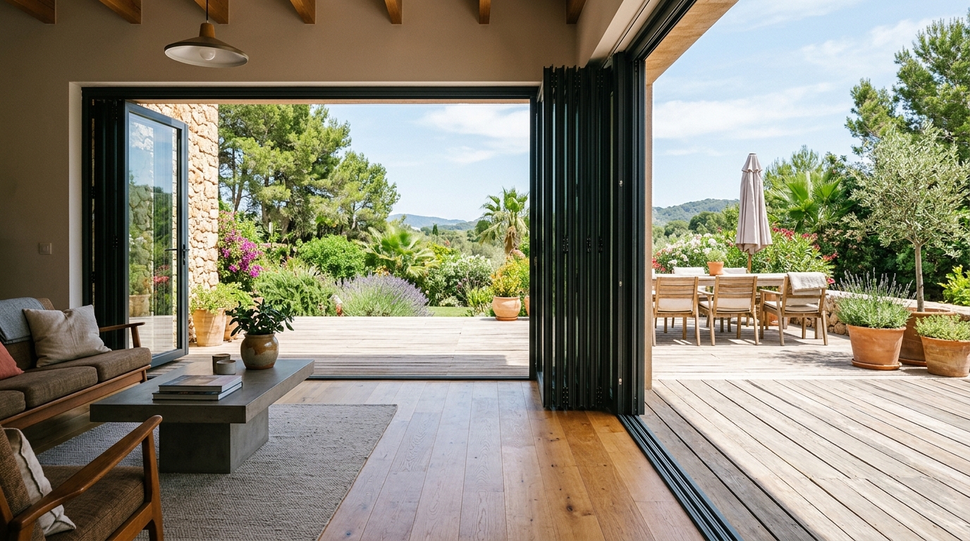 Folding glass wall stacked fully open from a living room onto a Mediterranean terrace with a dining area beyond