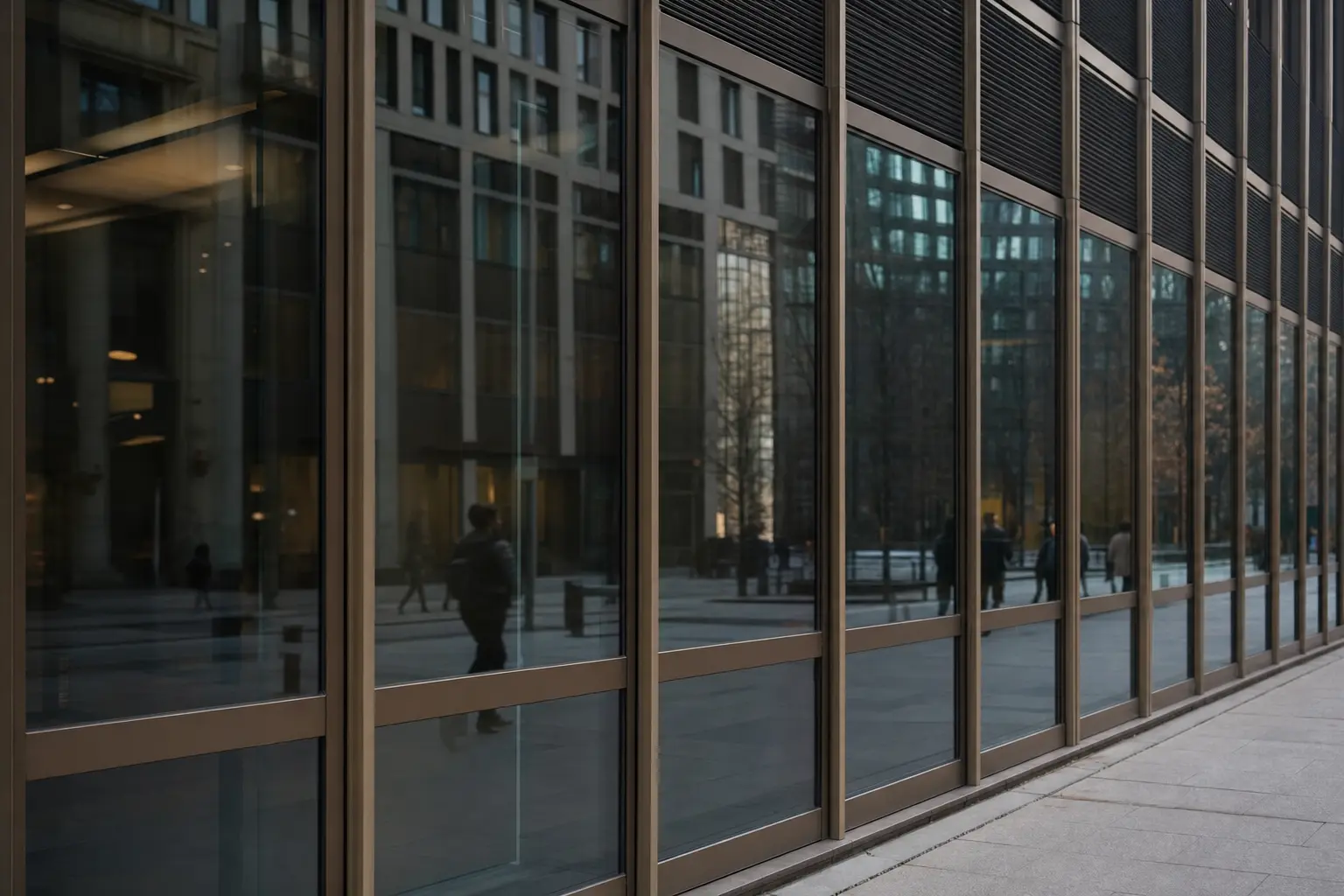 Bronze-framed curtain-wall elevation at street level, reflecting the buildings and passers-by opposite