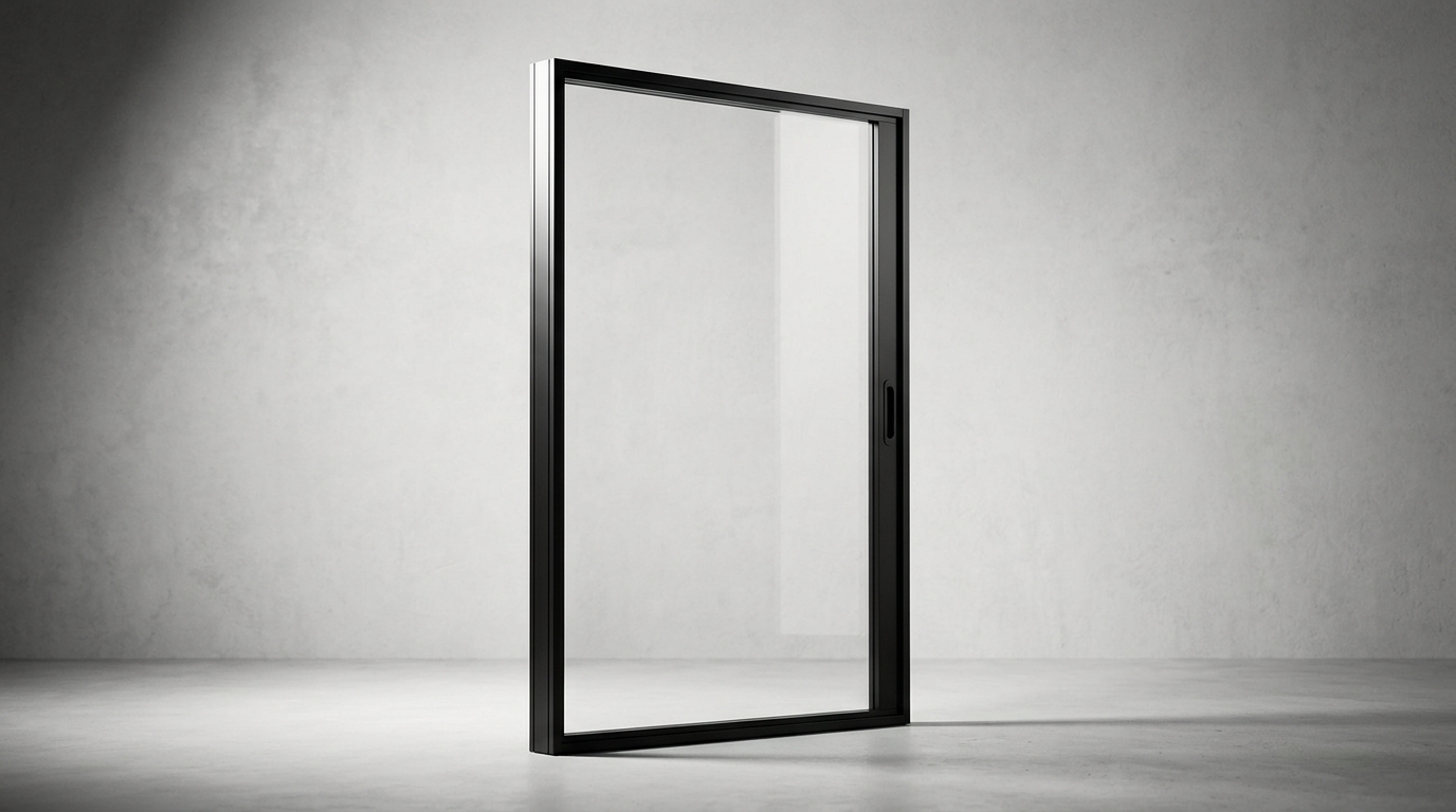 Single-pane framed glass partition module with a flush pull handle, photographed in daylight
