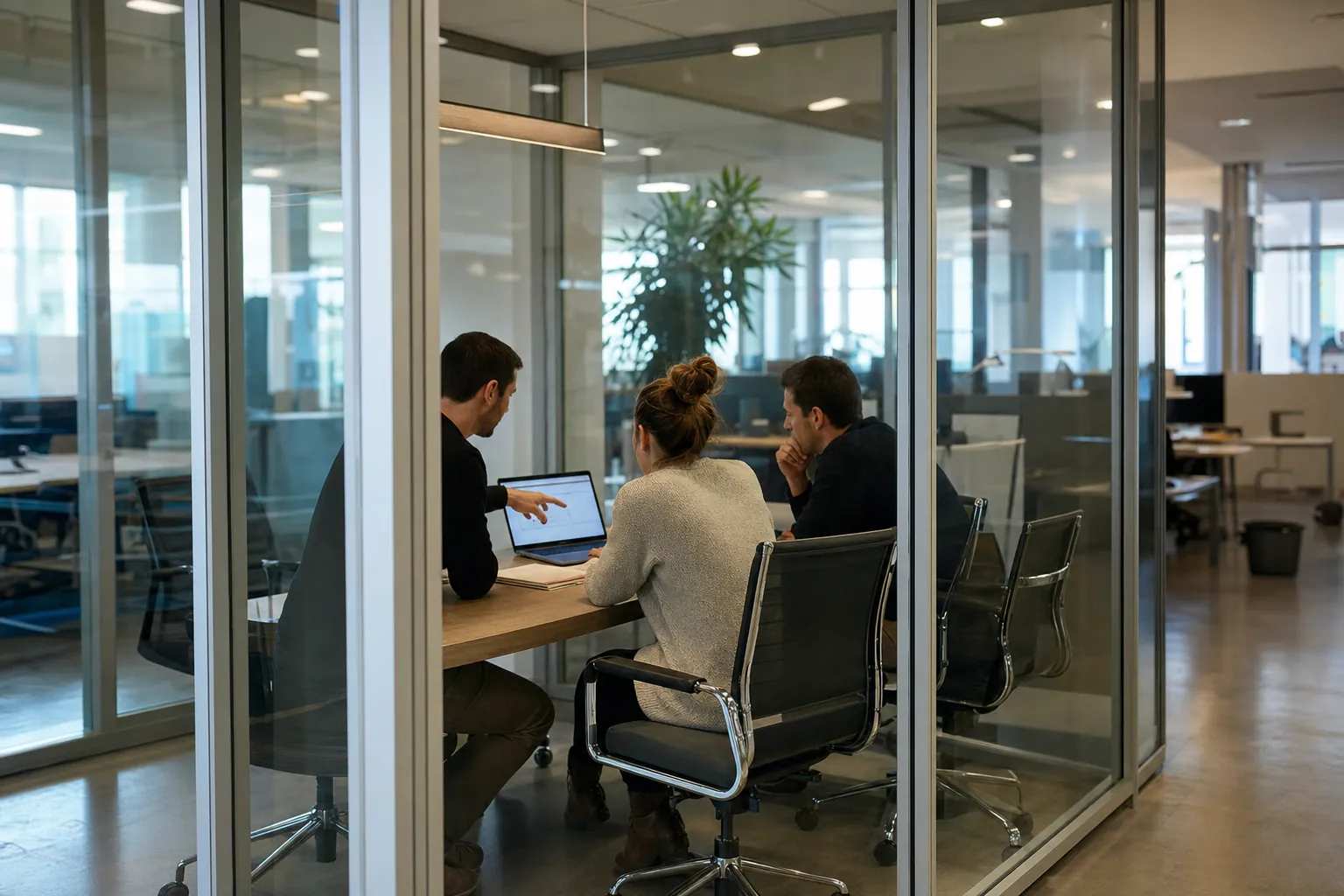 Three people working around a laptop inside a glazed meeting room, seen from the open-plan floor outside