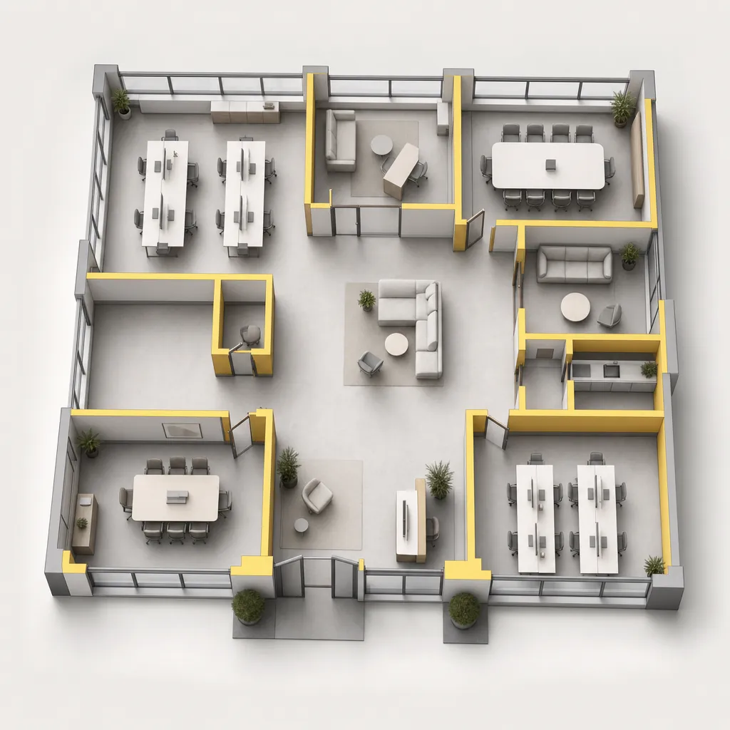 Technical illustration: isometric cutaway of an office floor with the glass partition runs picked out in yellow, showing meeting rooms, booths and open-plan desking