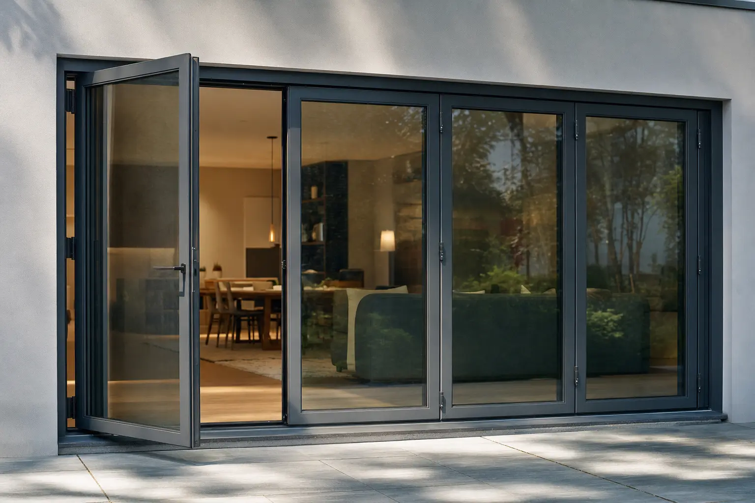 Four-leaf folding door run in a grey aluminium finish with the end leaf swung open onto a patio