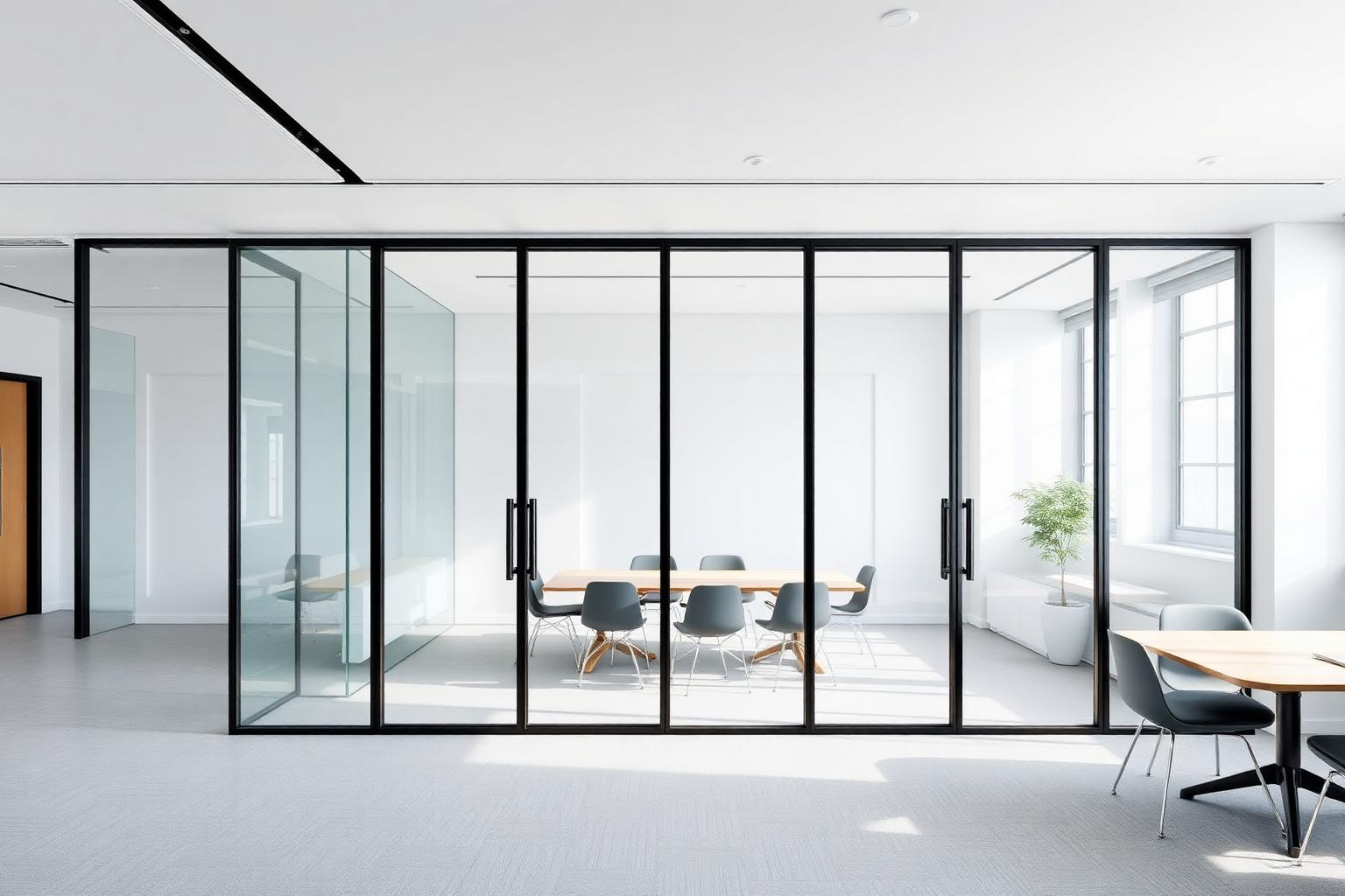 Concept visualization of a structural glass partition dividing an office space: not a photo of the actual delivered project